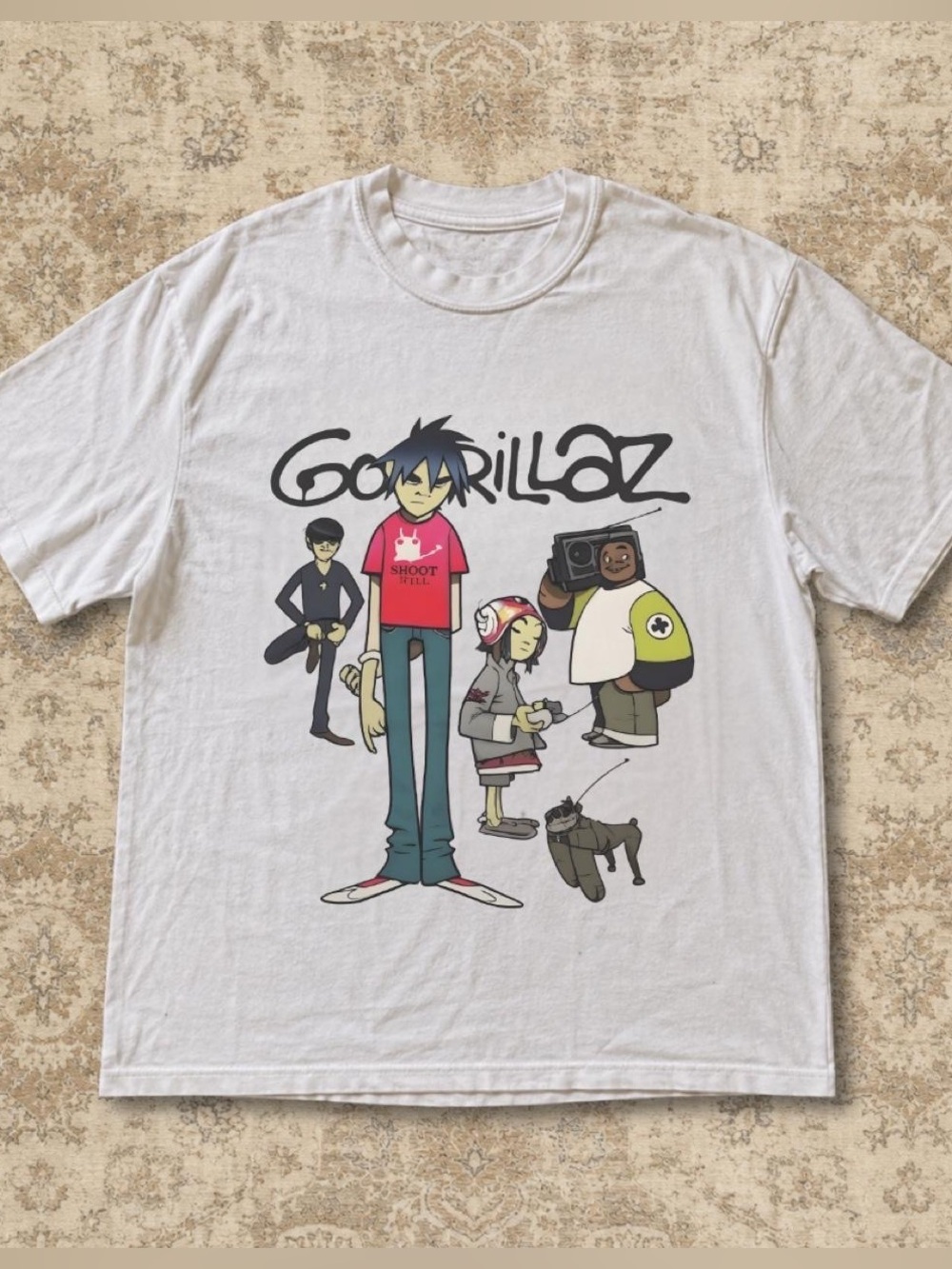 Gildan White Gorillaz Band Graphic Tee with Red, Blue, Yellow Accents